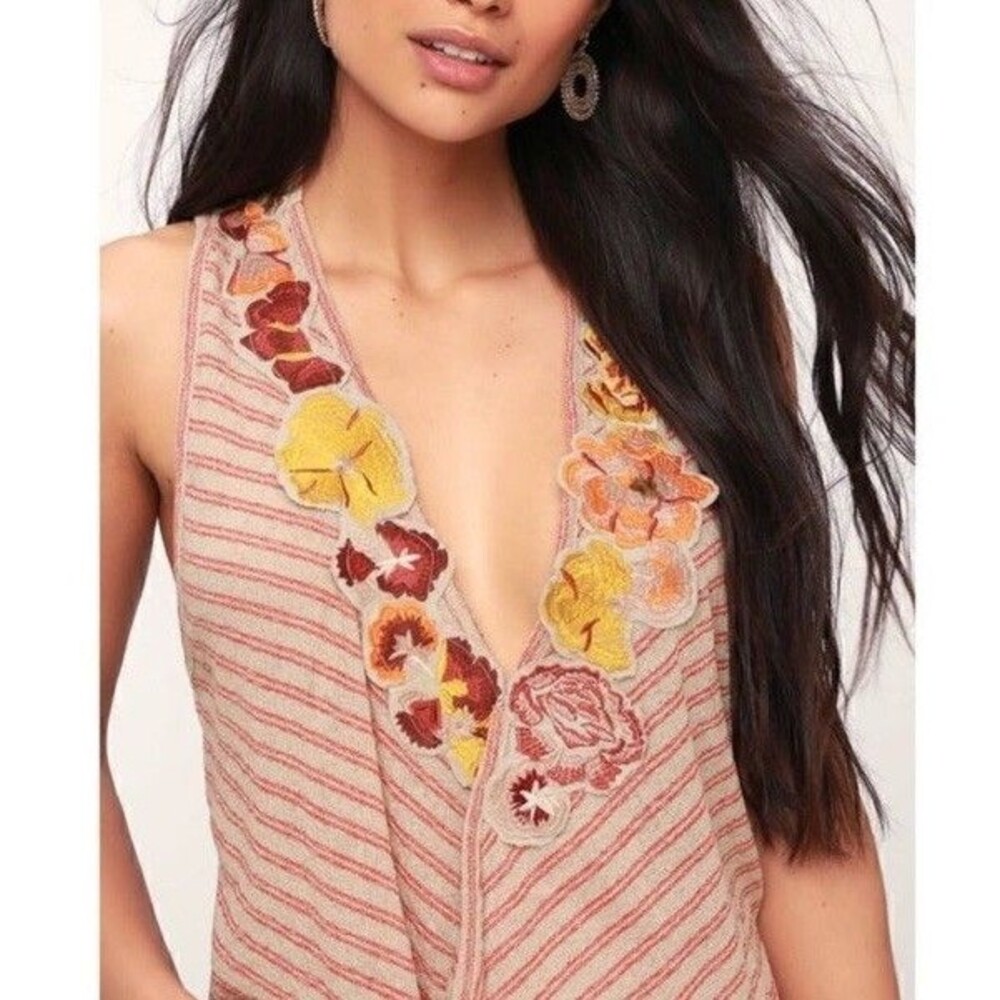 Free People Frida Striped Floral Embroidered Cotton Blend Tank Top Size XS - Picture 9 of 9